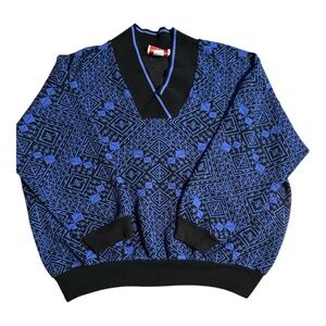 Vintage Young Stuff Geometric Deep Periwinkle Black Knit Sweater Made in USA L